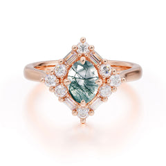 1 Carat Oval Cut Vintage Cluster Moss Agate Engagement Ring
