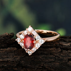 1 Carat Oval Cut Vintage Cluster Garnet Engagement Ring
