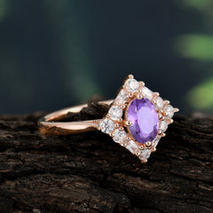 1 Carat Oval Cut Vintage Cluster Amethyst Engagement Ring
