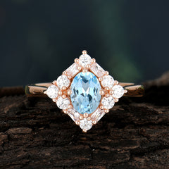 1 Carat Oval Cut Vintage Cluster Aquamarine Engagement Ring