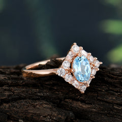 1 Carat Oval Cut Vintage Cluster Aquamarine Engagement Ring