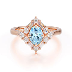 1 Carat Oval Cut Vintage Cluster Aquamarine Engagement Ring