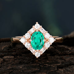 1 Carat Oval Cut Vintage Cluster Emerald Engagement Ring