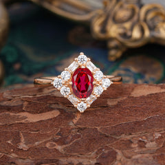 1 Carat Oval Cut Vintage Cluster Ruby Engagement Ring