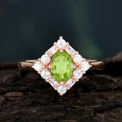 1 Carat Oval Cut Vintage Cluster Peridot Engagement Ring