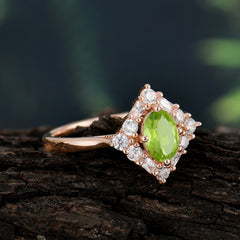 1 Carat Oval Cut Vintage Cluster Peridot Engagement Ring