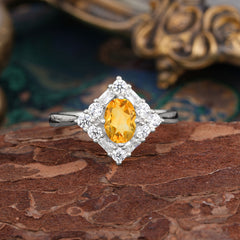 1 Carat Oval Cut Vintage Cluster Citrine Engagement Ring