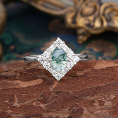 1 Carat Oval Cut Vintage Cluster Moss Agate Engagement Ring