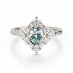 1 Carat Oval Cut Vintage Cluster Moss Agate Engagement Ring
