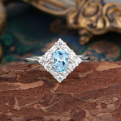 1 Carat Oval Cut Vintage Cluster Aquamarine Engagement Ring