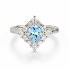 1 Carat Oval Cut Vintage Cluster Aquamarine Engagement Ring