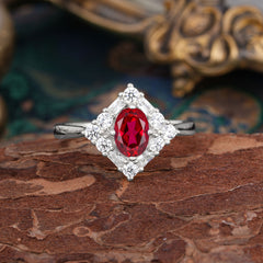 1 Carat Oval Cut Vintage Cluster Ruby Engagement Ring
