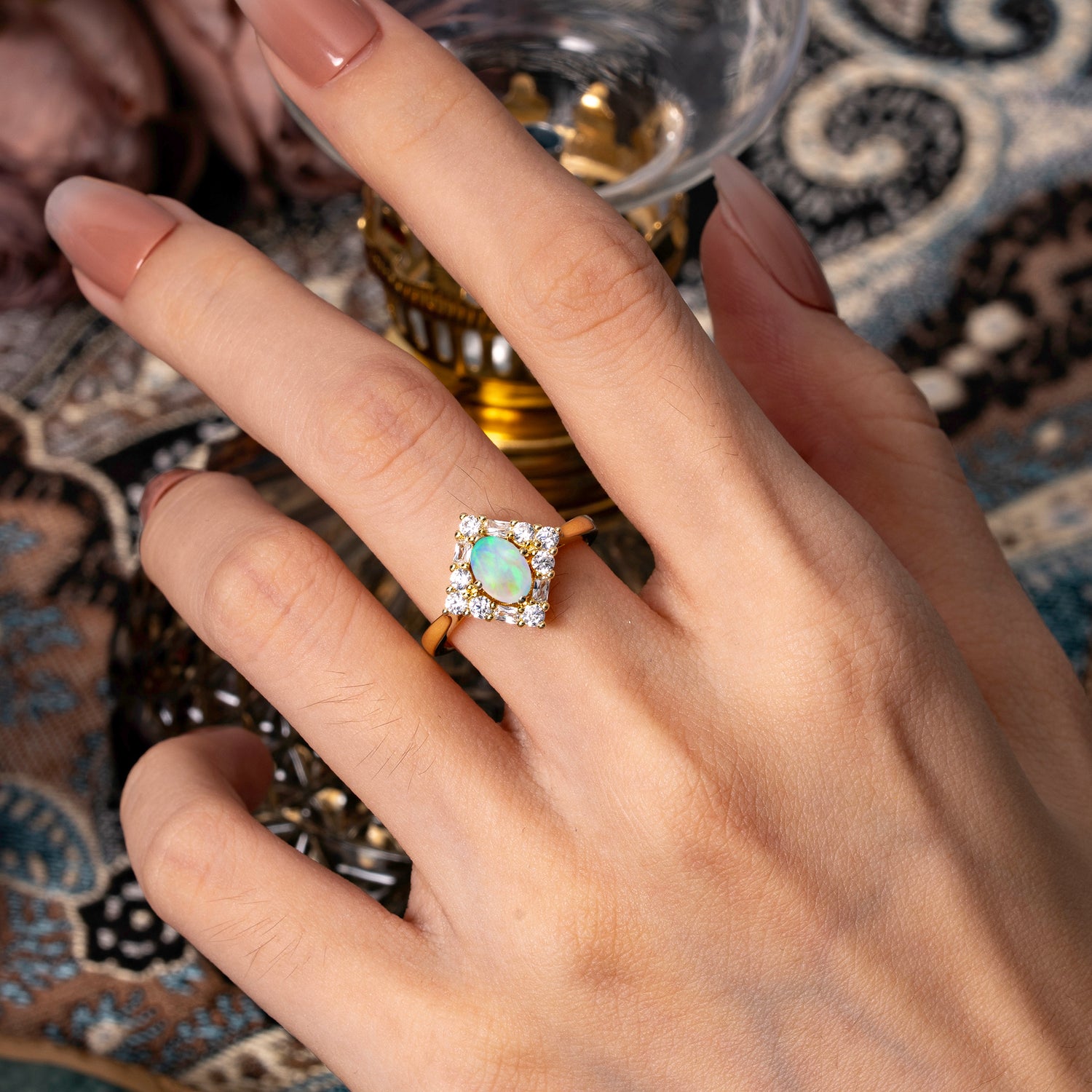 1 Carat Oval Cut Vintage Cluster Opal Engagement Ring