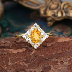 1 Carat Oval Cut Vintage Cluster Citrine Engagement Ring