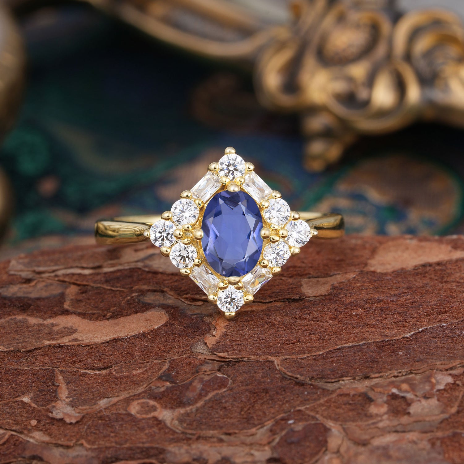 1 Carat Oval Cut Vintage Cluster Tanzanite Engagement Ring - Romalar Jewelry