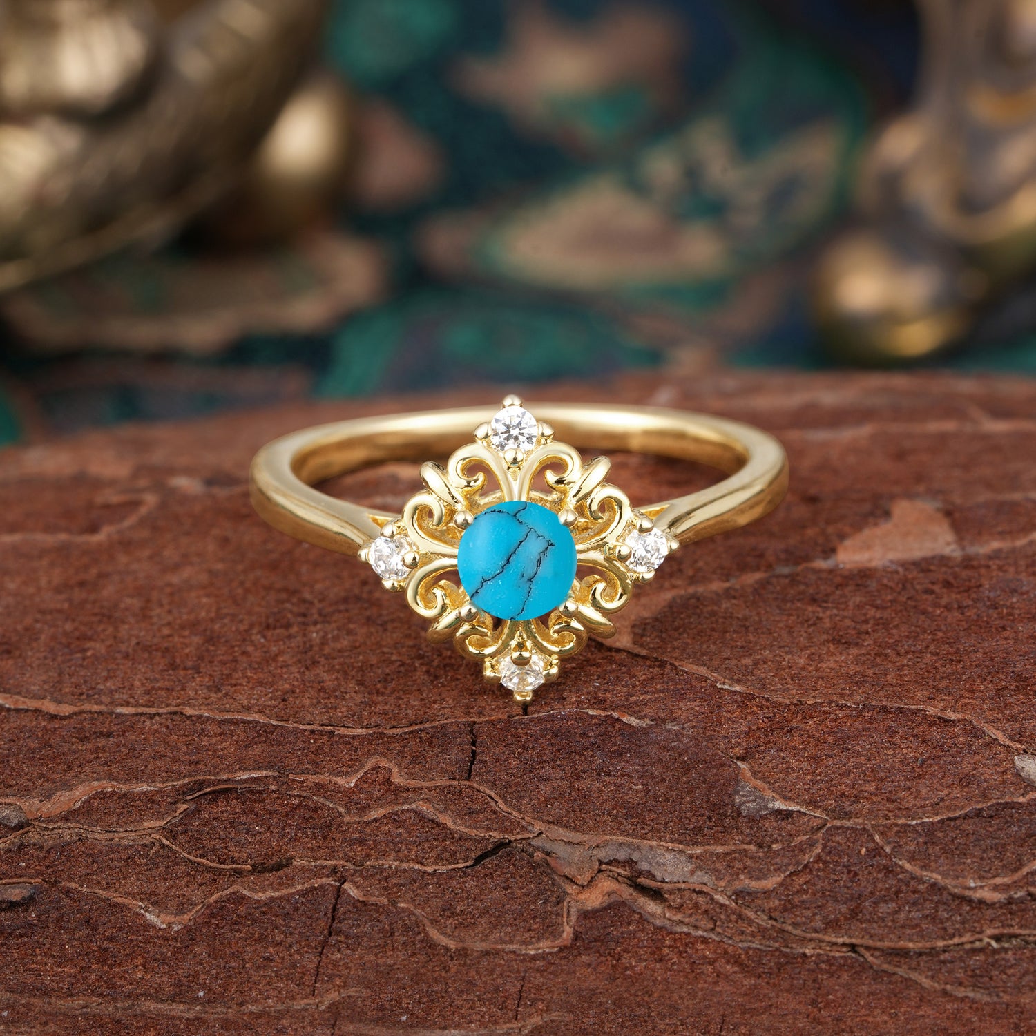 Romantic Vintage 4-Prong Round Cut Turquoise Engagement Ring