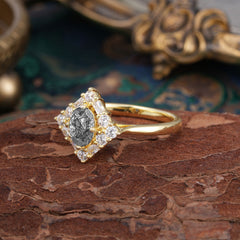 1 Carat Oval Cut Vintage Cluster Black Rutilated Quartz Engagement Ring