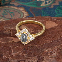 1 Carat Oval Cut Vintage Cluster Black Rutilated Quartz Engagement Ring