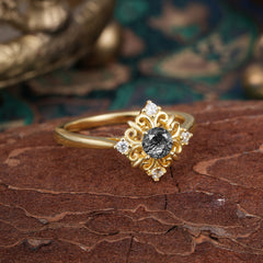 1 Carat Oval Cut Vintage Cluster Black Rutilated Quartz Engagement Ring