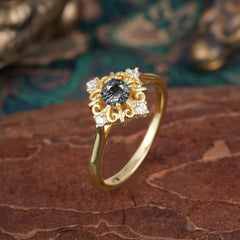 1 Carat Oval Cut Vintage Cluster Black Rutilated Quartz Engagement Ring