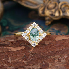 1 Carat Oval Cut Vintage Cluster Moss Agate Engagement Ring