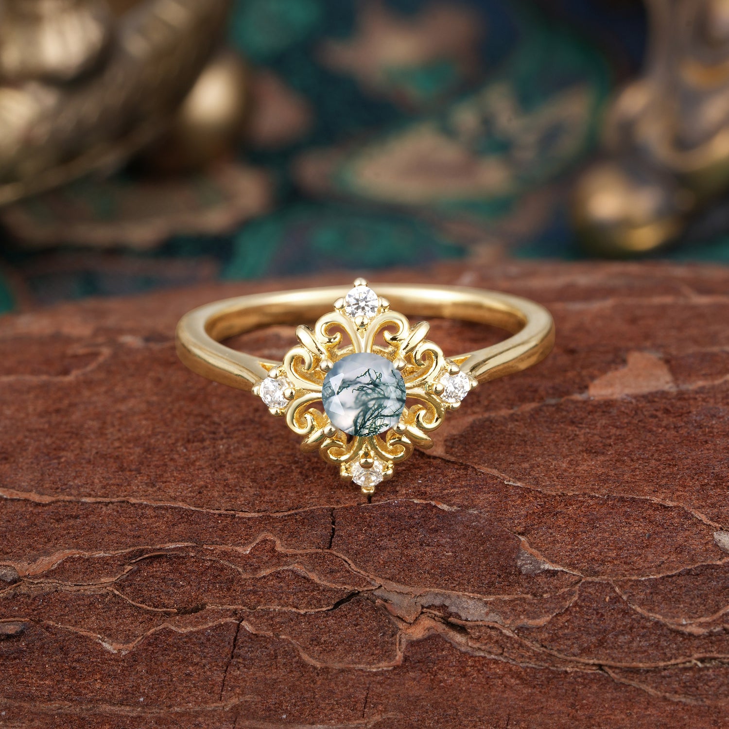 Vintage Round Cut Moss Agate Filigree Engagement Ring Nature Inspired Gift for Women