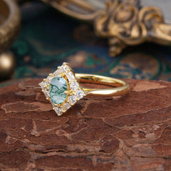 1 Carat Oval Cut Vintage Cluster Moss Agate Engagement Ring