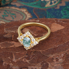 1 Carat Oval Cut Vintage Cluster Moss Agate Engagement Ring