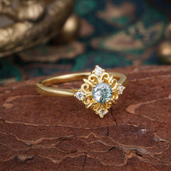 1 Carat Oval Cut Vintage Cluster Moss Agate Engagement Ring
