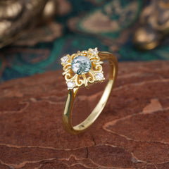 1 Carat Oval Cut Vintage Cluster Moss Agate Engagement Ring