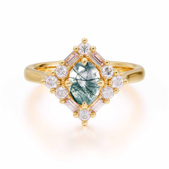 1 Carat Oval Cut Vintage Cluster Moss Agate Engagement Ring