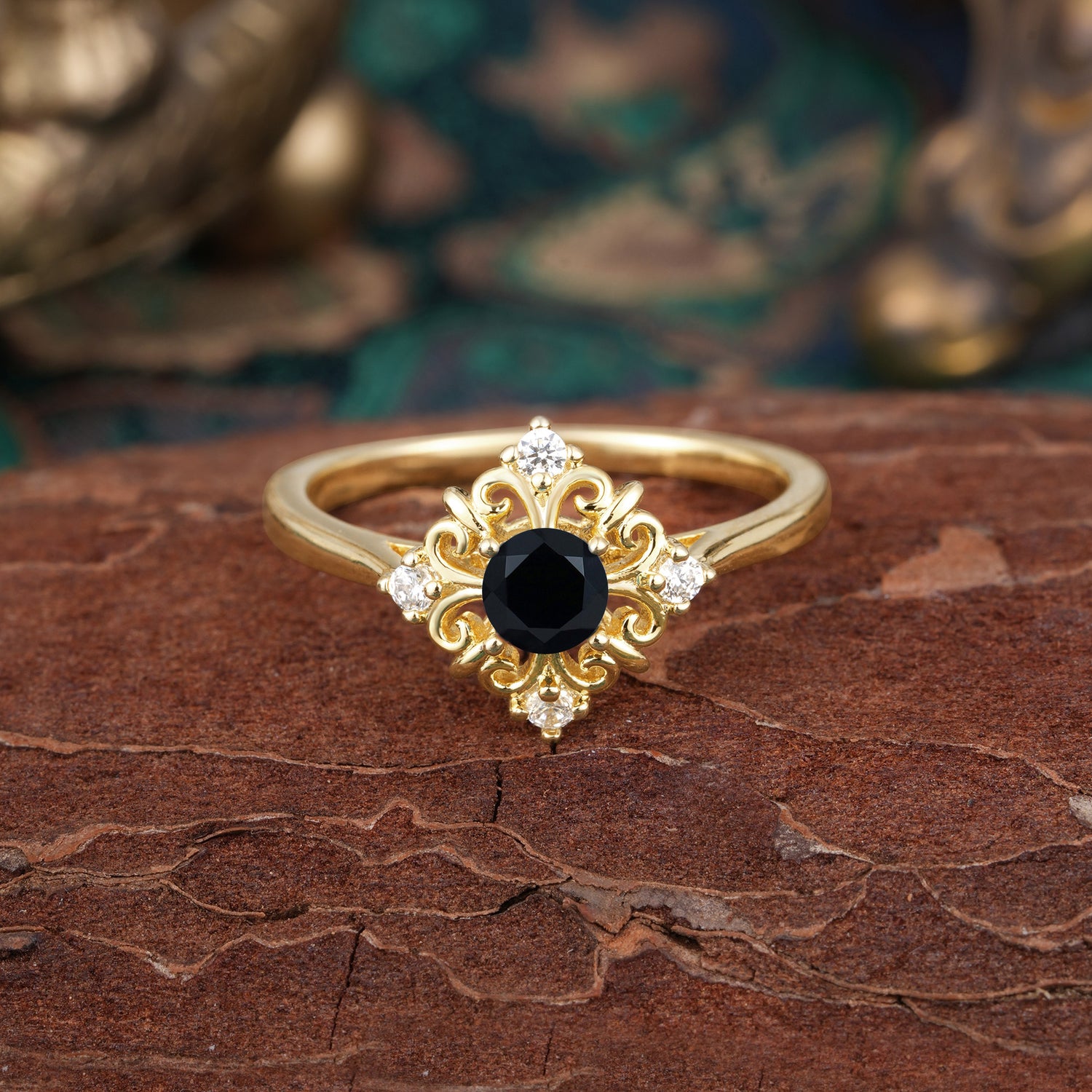 Vintage Black Onyx Filigree Engagement Ring Bold Gothic Style for Women