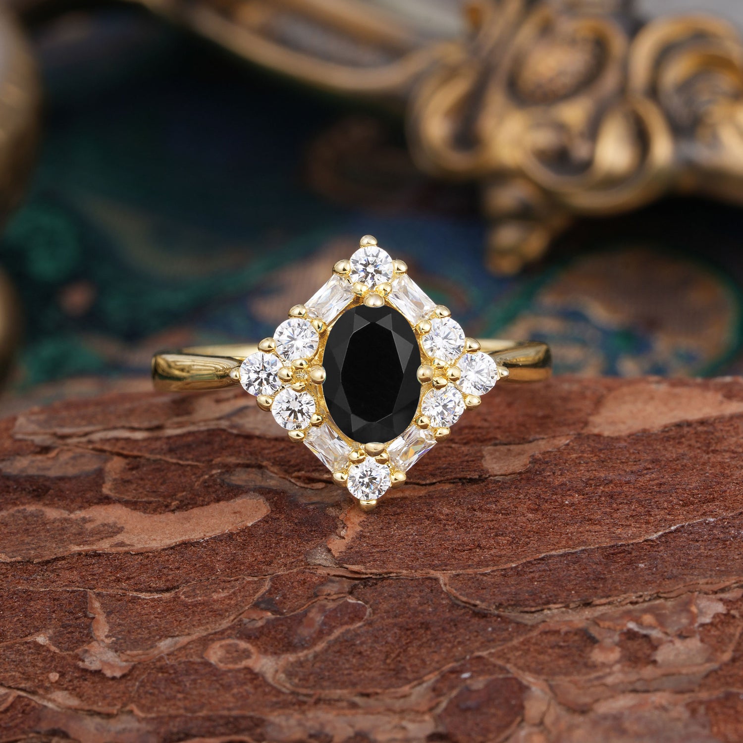 1 Carat Oval Cut Vintage Cluster Black Onyx Engagement Ring - Romalar Jewelry