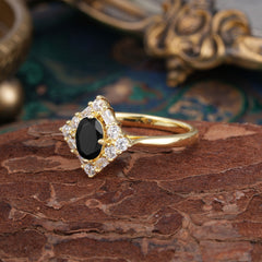 1 Carat Oval Cut Vintage Cluster Black Onyx Engagement Ring