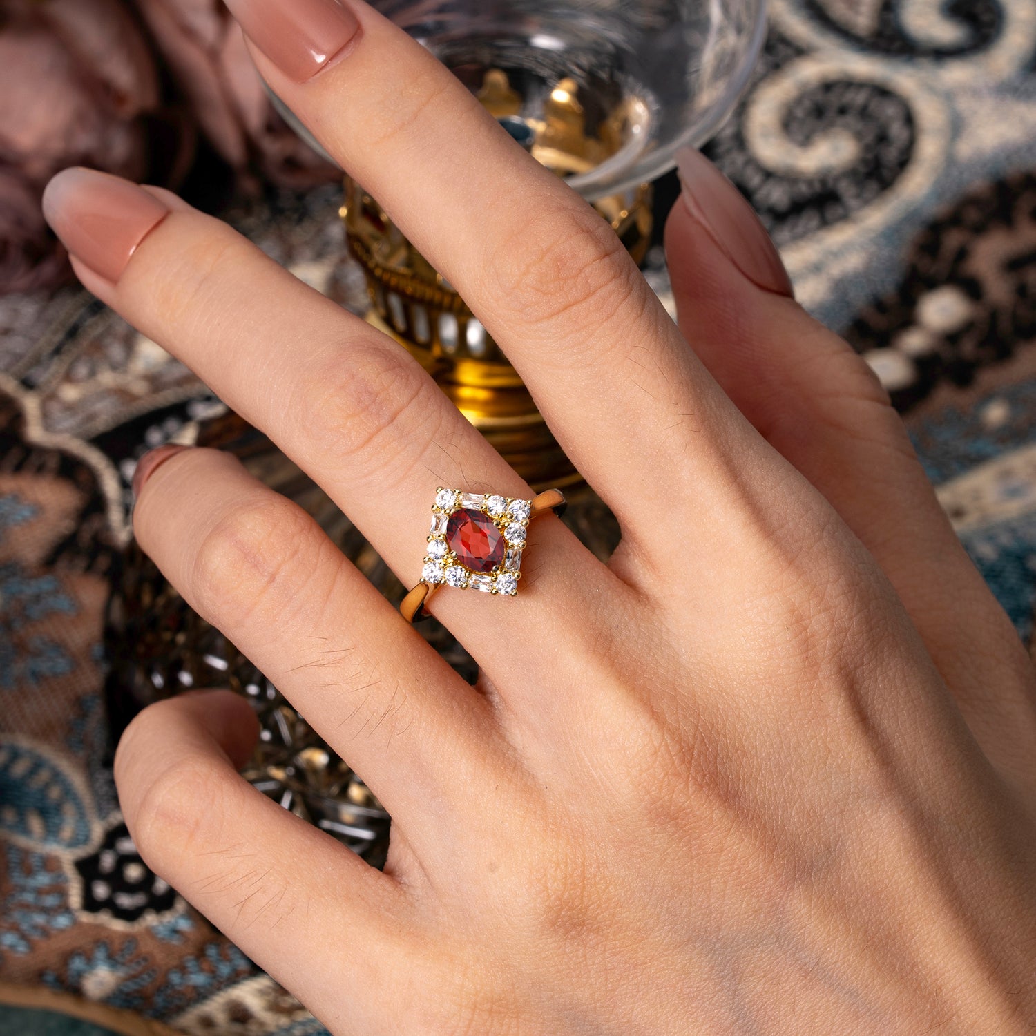 1 Carat Oval Cut Vintage Cluster Garnet Engagement Ring - Romalar Jewelry