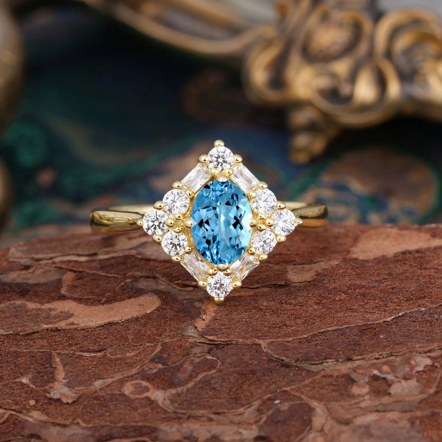 1 Carat Oval Cut Vintage Cluster Aquamarine Engagement Ring