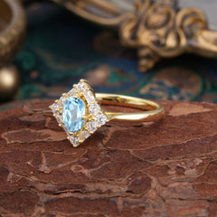 1 Carat Oval Cut Vintage Cluster Aquamarine Engagement Ring