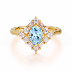 1 Carat Oval Cut Vintage Cluster Aquamarine Engagement Ring