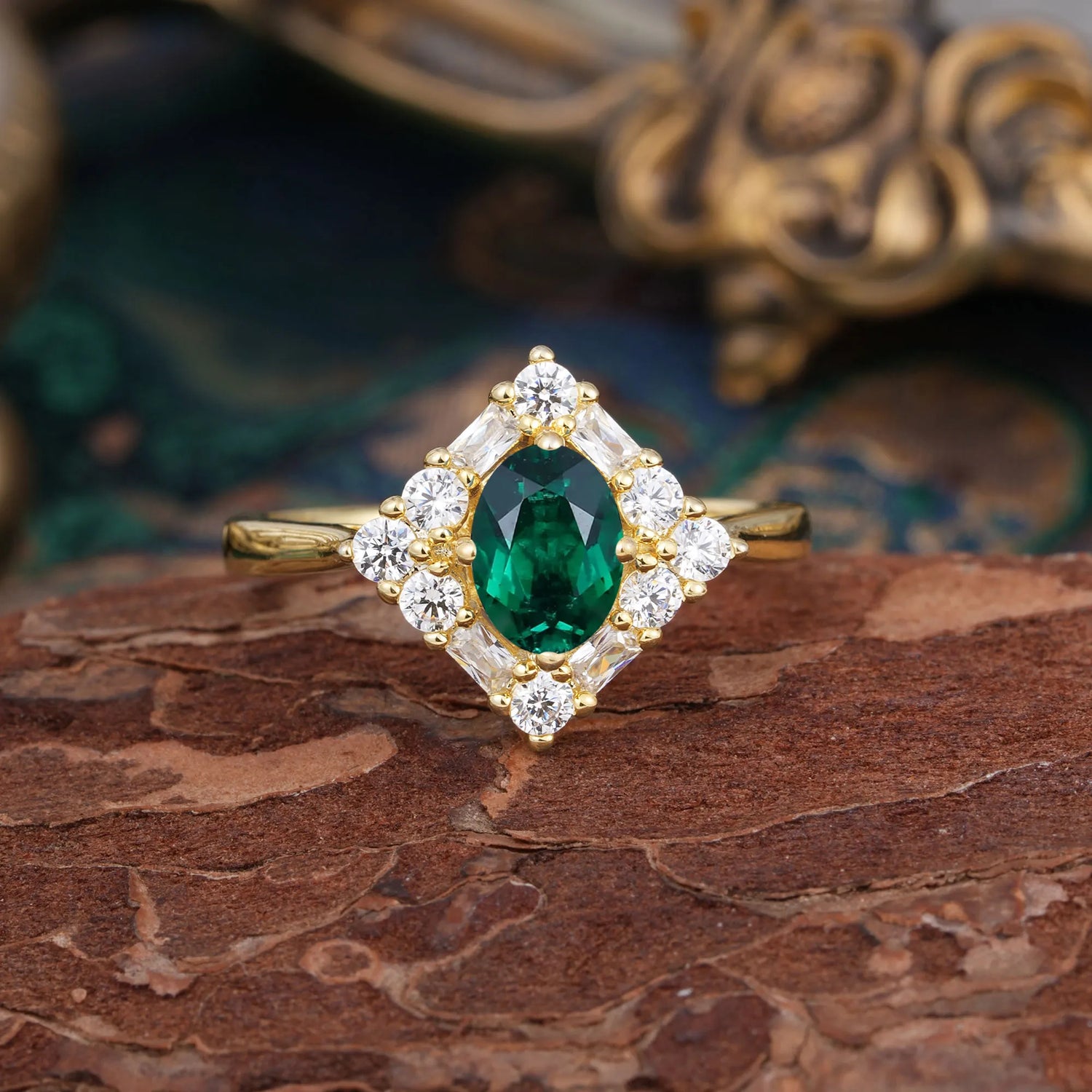 1 Carat Oval Cut Vintage Cluster Emerald Engagement Ring - Romalar Jewelry