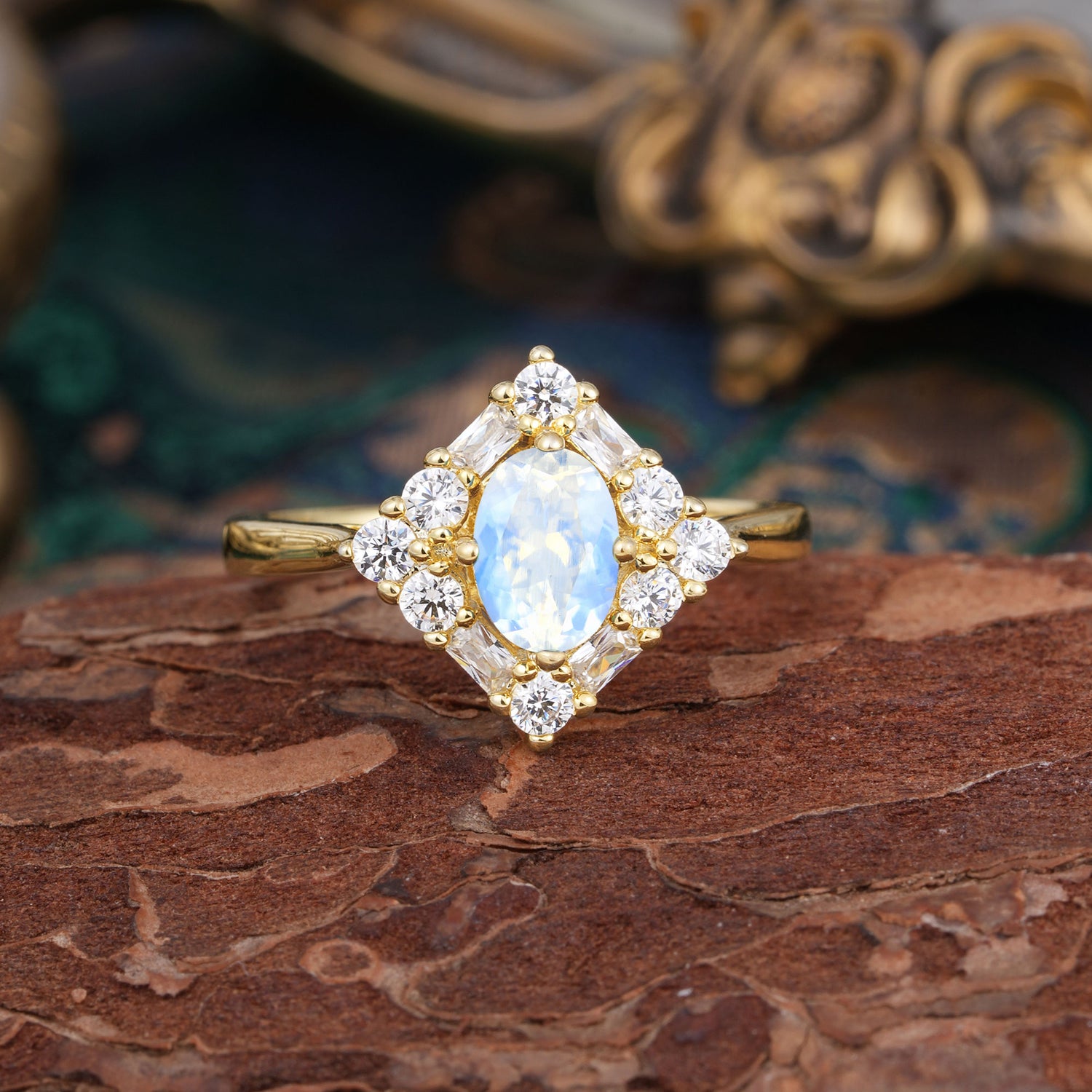 1 Carat Oval Cut Vintage Cluster Moonstone Engagement Ring - Romalar Jewelry
