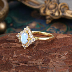 1 Carat Oval Cut Vintage Cluster Moonstone Engagement Ring