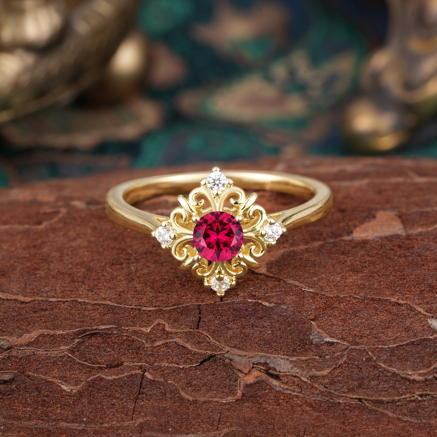 Romantic Vintage 4-Prong Round Cut Ruby Engagement Ring