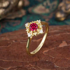 1 Carat Oval Cut Vintage Cluster Ruby Engagement Ring
