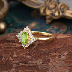1 Carat Oval Cut Vintage Cluster Peridot Engagement Ring