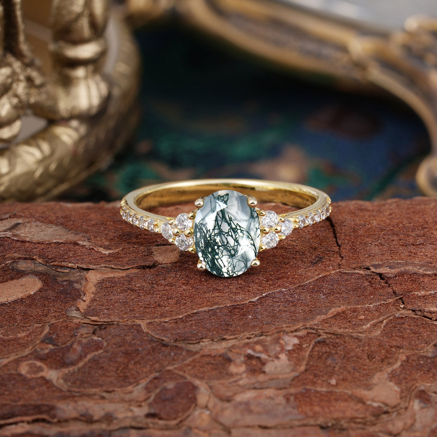 1.5 Carat Oval Cut Moss Agate Engagement Ring Anniversary Gift