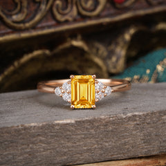 1CT Emerald Cut Citrine Classic Side Stone Engagement Ring