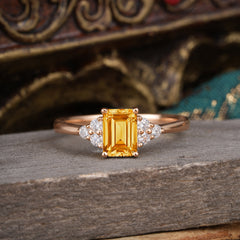 1CT Emerald Cut Citrine Classic Side Stone Engagement Ring