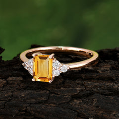1CT Emerald Cut Citrine Classic Side Stone Engagement Ring