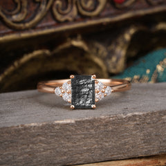 1CT Emerald Cut 4 Prong Black Rutilated Quartz Classic Side Stone Engagement Ring