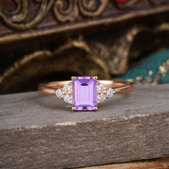 1CT Emerald Cut 4 Prong Amethyst Classic Side Stone Engagement Ring